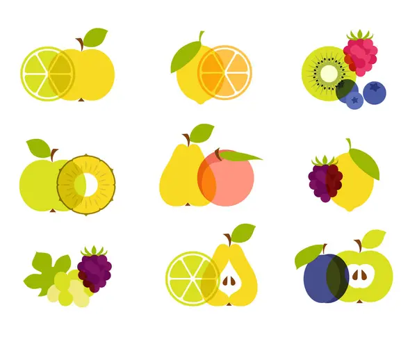 Coleção Ícones Frutas Coloridas Isoladas Fundo Branco Comida Estilo Vida Vetores De Bancos De Imagens