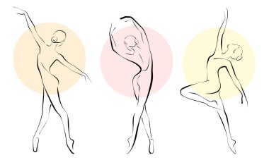 1463 _ Üç güzel balerin, çeşitli dans pozlarında zarif balerinler, vektör çizimi