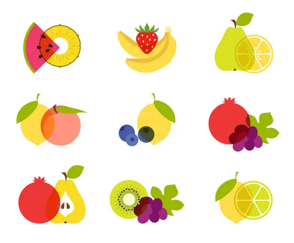 Colección Coloridos Iconos Frutas Aislados Sobre Fondo Blanco Comida Saludable Ilustración de stock