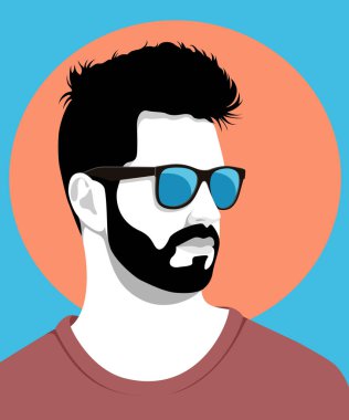 Mavi gökyüzüne karşı güneş gözlüğü ve tişört giyen yakışıklı genç adam, renkli vektör portresi.