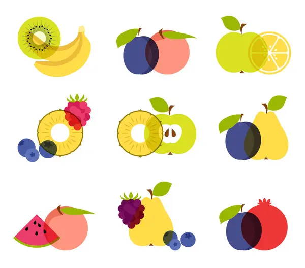 Colección Coloridos Iconos Frutas Aislados Sobre Fondo Blanco Comida Saludable Gráficos vectoriales