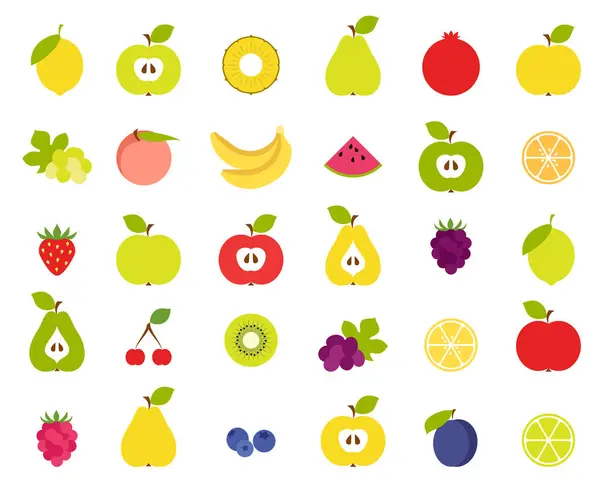 Coleção Ícones Frutas Coloridas Isoladas Fundo Branco Comida Estilo Vida Gráficos Vetores