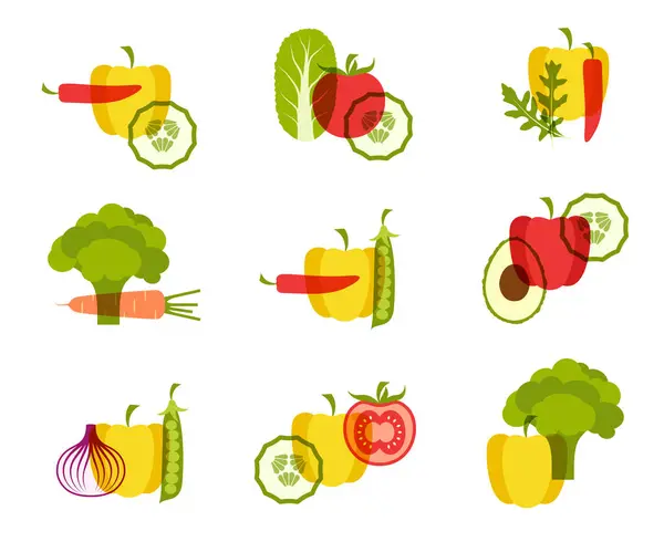 Коллекция Красочных Овощных Икон Эффектами Наложения Белом Фоне Здоровый Образ Лицензионные Стоковые Иллюстрации