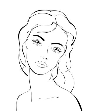 Güzel hassas kadın yüzünün vektör portresi, el çizimi vektör cazibesi moda illüstrasyonu, siyah beyaz renkli güzel bir genç kadının çizimi, ön manzara.