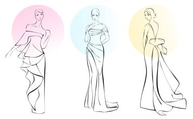 Şık bir elbise giyen üç güzel kadının moda tasviri. Gelinliğin vektör desenli tasviri.