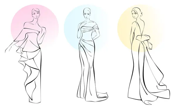 Модный Эскиз Трех Красивых Женщин Элегантном Платье Векторная Модная Иллюстрация Стоковый вектор