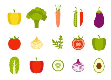 Beyaz arka planda izole edilmiş renkli sebze ikonları, vitamin dolu sağlıklı yaşam tarzı yiyecekler, sağlıklı yaşam tarzı için lezzetli ve sulu yiyecekler, vejetaryen ve vejetaryen