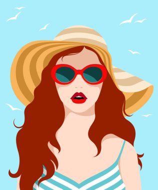 Uzun dalgalı saçlı güzel bir genç kadın, kendini güneşten koruyor, büyük çizgili şapka ve kırmızı güneş gözlükleriyle, arka planda uçan kuşlarla mavi bir gökyüzü, renkli vektör portresi, ön manzara