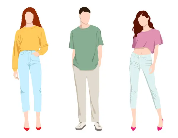 Beyaz arka plan, kot pantolon ve t-shirtler, yaz moda koleksiyonunda izole edilmiş modaya uygun giyinen iki güzel kadın ve genç adamın vektör moda tasviri.