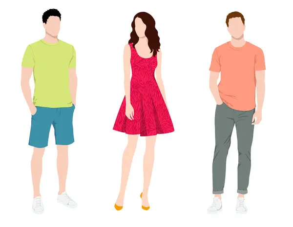 İki yakışıklı erkek ve modern moda tarzında giyinen güzel genç bir kadının vektör moda tasviri. Çiçek desenli, şortlu, pantolonlu, tişörtlü, renkli yaz moda koleksiyonu.