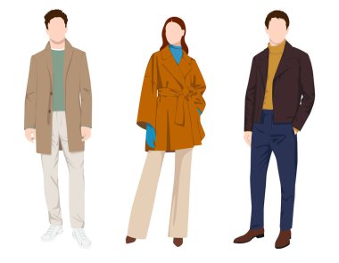 Beyaz arka planda izole edilmiş çeşitli moda sonbahar ve kış kıyafetleri giyen iki yakışıklı erkek ve güzel genç kadının vektör tasviri, renkli vektör çizimi.
