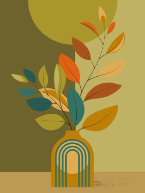 Vazoda renkli sonbahar yaprakları olan dallar soyut geometrik şekillere sahip vazolar, poster, duvar sanatı ve tebrik kartları için düz vektör çizimleri