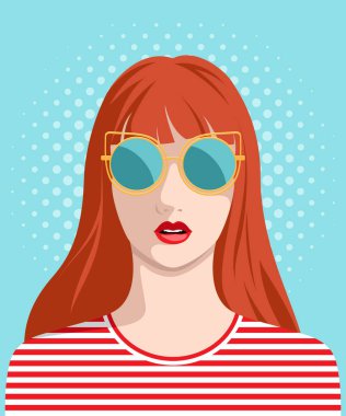 Kırmızı ve beyaz çizgili tişört giyen güzel kızıl saçlı bir kadının renkli vektör portresi ve benekli mavi arka planda altın renkli gözlük.