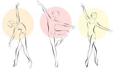 Üç güzel balerin, çeşitli dans pozlarında zarif balerinler, vektör illüstrasyonu.