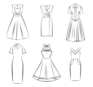 Farklı kadın moda elbiseleri koleksiyonu, beyaz arka plan, ön görüş, siyah beyaz vektör illüstrasyonu