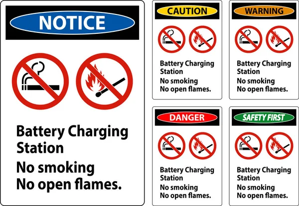 Κίνδυνος Είσοδος Σταθμός Φόρτισης Μπαταριών Καπνιζόντων Δεν Υπάρχουν Ανοικτές Φλόγες — Διανυσματικό Αρχείο