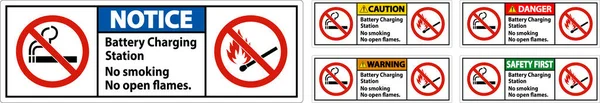 Señal Peligro Estación Carga Batería Fumar Hay Llamas Abiertas — Vector de stock