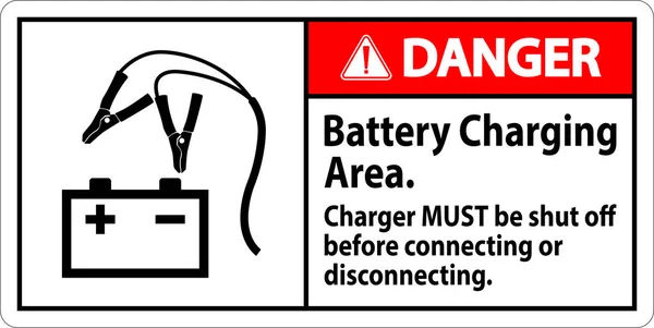 危険標識バッテリー充電エリア 充電器を接続または切断する前にシャットダウンする必要があります — ストックベクタ