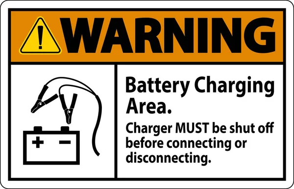 Waarschuwingsbord Batterij Oplaadgebied Oplader Moet Worden Uitgeschakeld Voor Het Aansluiten — Stockvector