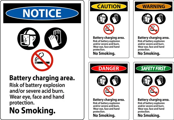 Gefahrzeichen Batterieladebereich Risiko Von Batterieexplosionen Oder Schwerer Säureverbrennung Rauchverbot — Stockvektor