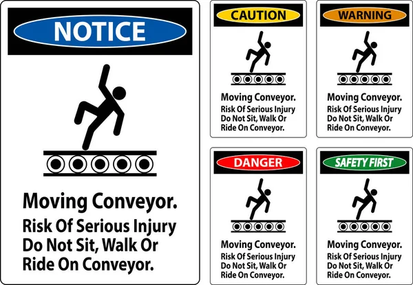 Señal Advertencia Transportador Movimiento Riesgo Lesiones Graves Sienta Pie Transportador — Vector de stock