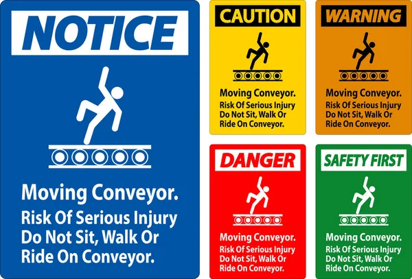 Señal Advertencia Transportador Movimiento Riesgo Lesiones Graves Sienta Pie Transportador — Vector de stock