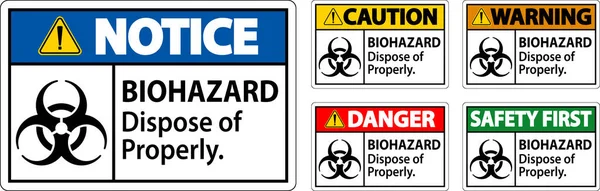 Biohazard Warning Label Biohazard Smaltire Correttamente — Vettoriale Stock