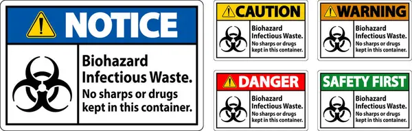 Etiqueta Advertencia Residuos Infecciosos Riesgo Biológico Sin Objetos Punzantes Drogas — Vector de stock