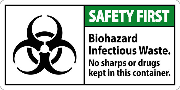 Safety First Label Biohazard Infectious Waste, No Sharps Or Drugs Kept In This Container