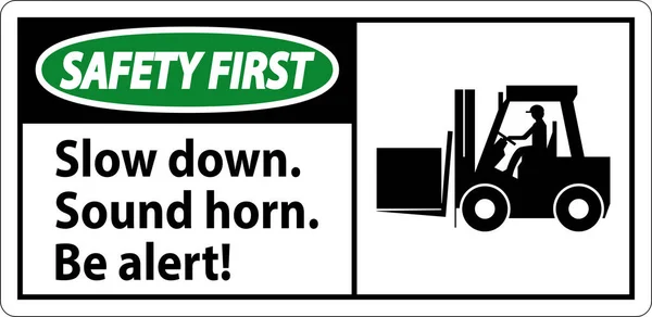 Veiligheid Eerste Etiket Vertragen Sound Horn Wees Alert — Stockvector