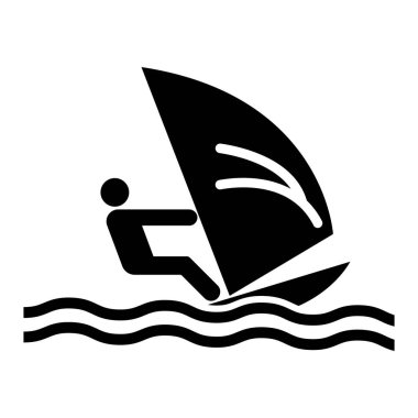 Hafif dalgalarda süzülen bir rüzgar sörfçüsünün minimalist silueti bir su sporu aktivitesinde macera ve özgürlüğü temsil eder. Yaz temaları için mükemmel.