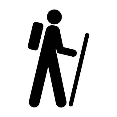 Sırt çantası ve bastonu olan basit siyah bir yürüyüşçü silueti. Bu ikon açık hava macerasını ve keşif ruhunu temsil ediyor. Seyahat ve fitness temaları için mükemmel.
