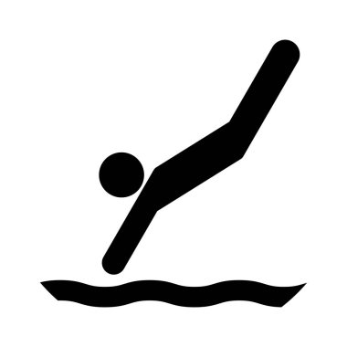 Bir insanın suya dalışını tasvir eden basit bir ikon, atletizmi ve su sporlarını sembolize ediyor. Yüzme ve eğlence ile ilgili aktiviteleri göstermek için mükemmel..