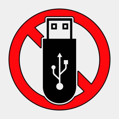 Bu resim USB flash disk kullanımına karşı bir yasaklama sembolü içeriyor, veri güvenliği ve dış aygıtlarla ilişkili potansiyel riskler hakkındaki endişeleri vurguluyor.