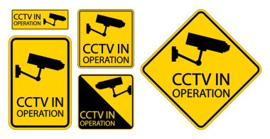 Collection of CCTV surveillance signs on yellow backgrounds, featuring cameras and warning messages, ideal for enhancing security awareness and safety. clipart