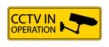 A bright yellow warning sign featuring a CCTV camera icon with the text 