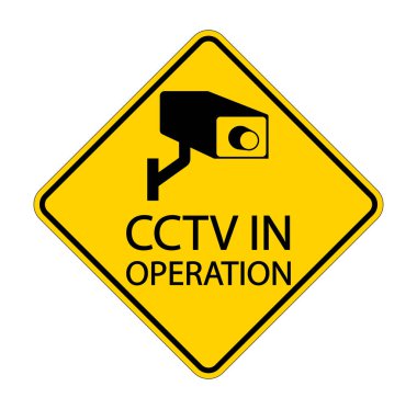 A bright yellow warning sign featuring a CCTV camera icon with the text 