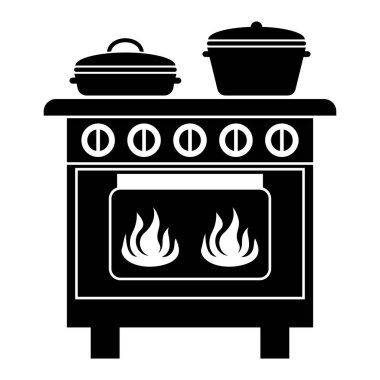 Üstü çömlek, altı alevler, mutfak temaları ve ev yemeği görselleri için mükemmel olan klasik bir mutfak sobasının şık siyah silüeti..