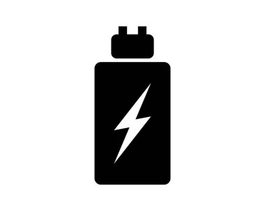 A minimalist black icon of a battery featuring a lightning bolt, representing power and energy. Ideal for technology and renewable energy themes.