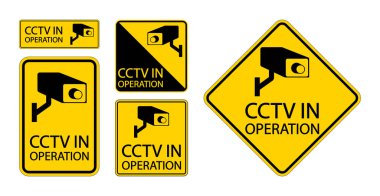 Collection of CCTV surveillance signs on yellow backgrounds, featuring cameras and warning messages, ideal for enhancing security awareness and safety. clipart