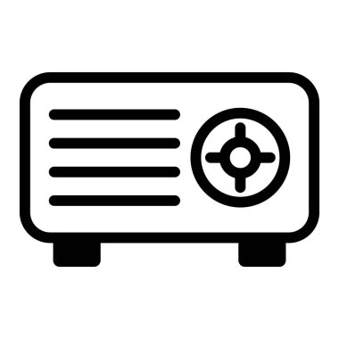 Çeşitli tasarım projeleri için uygun bir minimalist klasik radyo ikonu, şık bir siyah beyaz sunumunda sergilenen teknoloji ve nostalji.