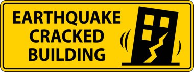 Hasarlı bir binanın önündeki deprem uyarısı görünür çatlaklarla yapısal hasarı ve sismik tehlikeyi vurguluyor.