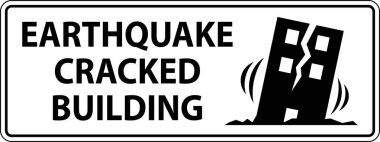 Hasarlı bir binanın önündeki deprem uyarısı görünür çatlaklarla yapısal hasarı ve sismik tehlikeyi vurguluyor.