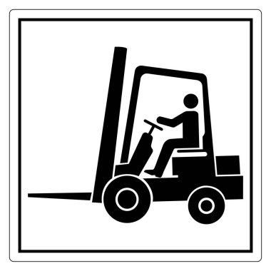 Bu resim, güvenlik işaretleri ve endüstriyel bağlamlar için ideal bir araç üzerinde bir forklift operatörünü temsil eden siyah beyaz bir simgeye sahiptir..