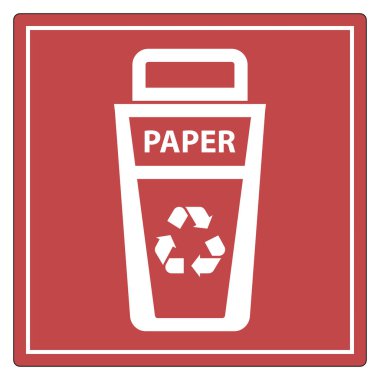Bu resim, geri dönüşüm bilinci ve çevre sorumluluğunu desteklemek için ideal kırmızı arkaplan karşısında kağıt geri dönüşüm kutusu simgesini içeriyor.