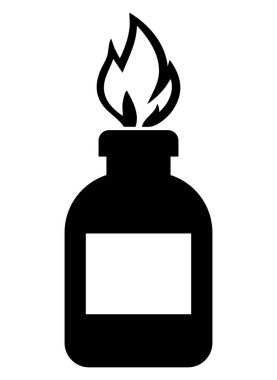 Bu grafik, yanıcı maddelerle ilgili uyarıyı simgeleyen alevli bir şişenin siyah siluetini gösteriyor. Güvenlik iletişimi için ideal.