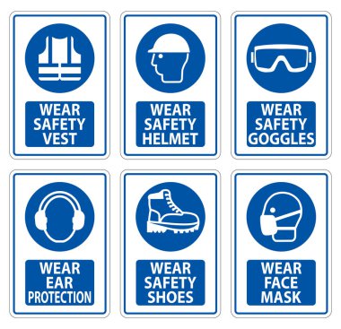 Yelekler, miğferler, gözlükler, kulaklık, ayakkabılar ve yüz maskeleri de dahil olmak üzere işyeri güvenliği için gerekli koruyucu donanımı vurgulayan bir güvenlik işaretleri koleksiyonu.
