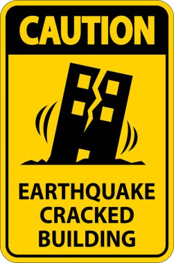 Deprem sonucu hasar gören bir binayı gösteren bir uyarı işareti. Bu illüstrasyon, güvenlik ve yapısal tehlikelerle ilgili farkındalık ihtiyacını vurgulamaktadır..