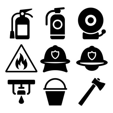 Bu itfaiye ekipmanı ikonlarının içinde yangın söndürücü, kask, alarm ve tehlike önleme ve acil durum müdahalesi için gerekli diğer araçlar bulunmaktadır..