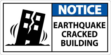 Bu grafikte depremden zarar görmüş bir binayı gösteren bir uyarı işareti var. İhtiyat ve güvenlik bilincine duyulan ihtiyacı vurgular..